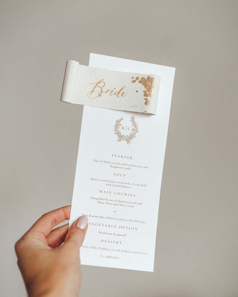 Wedding menu with scroll name card handmade paper calligraphy