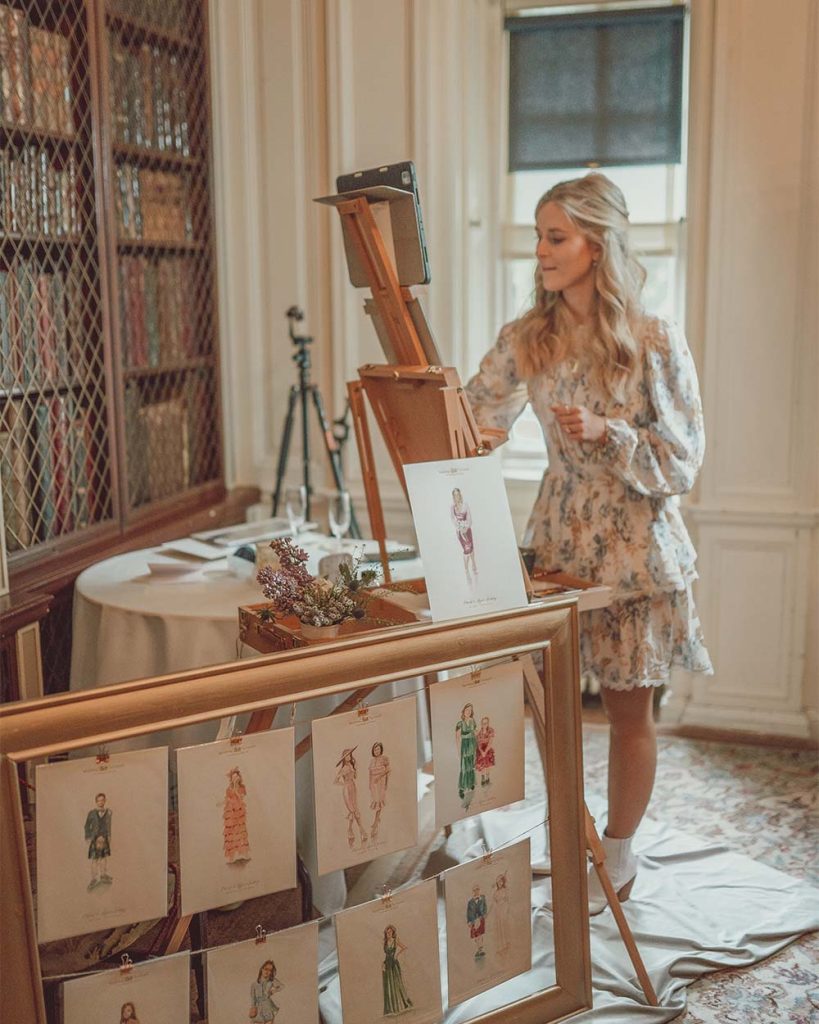 Live Wedding Artist painting at an easel wedding ceremony and guest portraits