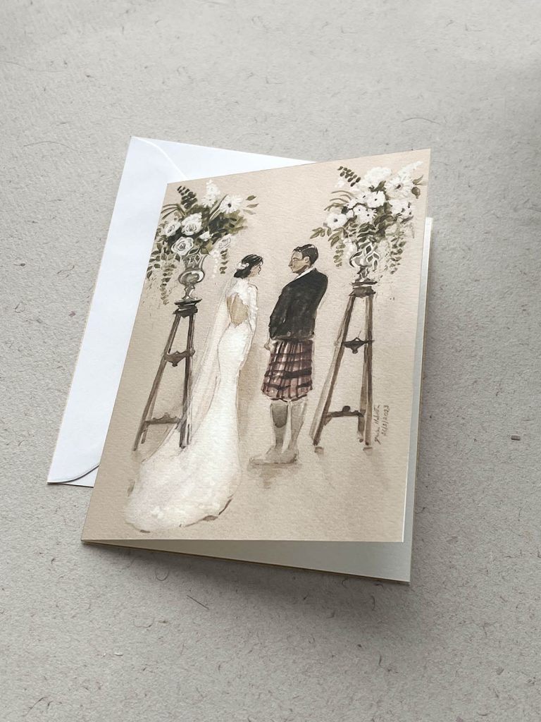 Wedding thank you cards with a wedding ceremony painting illustration