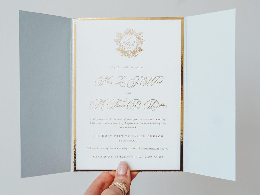 Luxury dusty blue gatefold wedding invitation