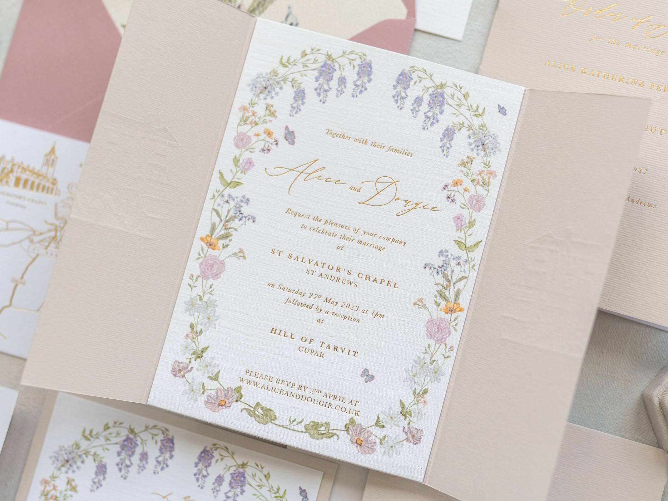 Floral border wedding invitation gold foil